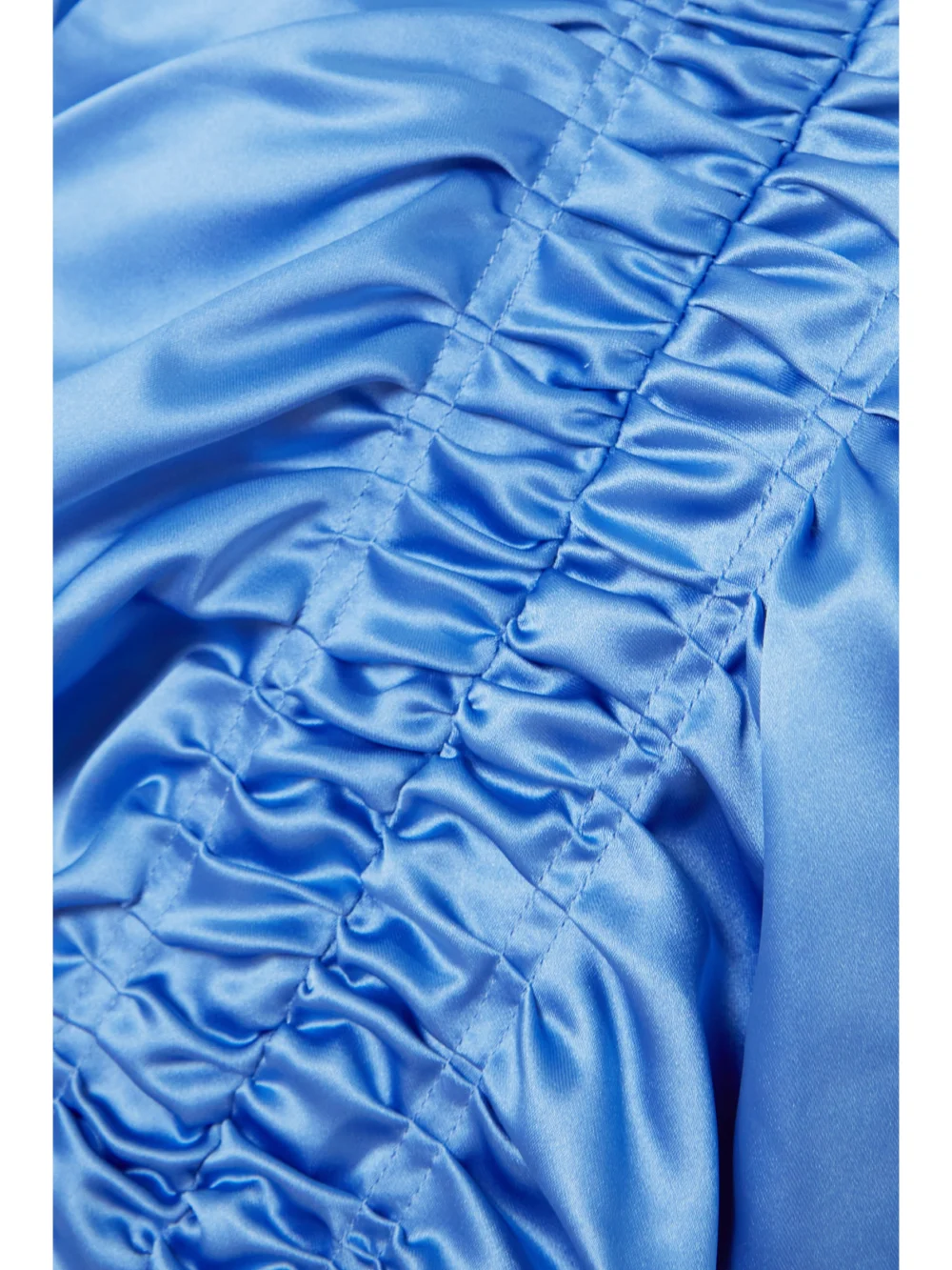 Close-up detail of the Ganni Ruched Cutout Recycled Stretch-satin Midi Dress