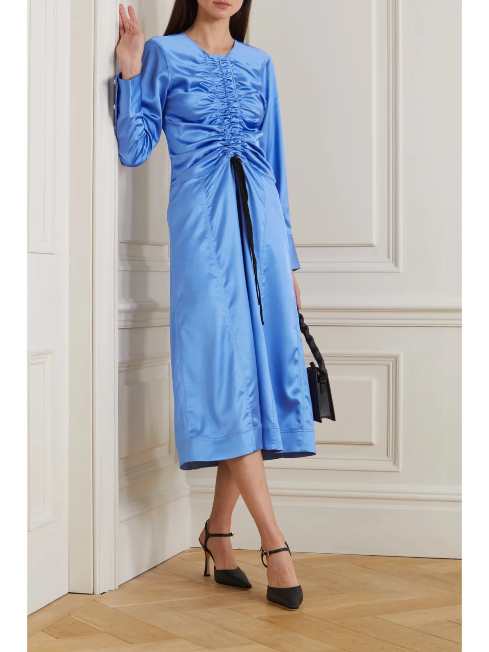 Ganni Ruched Cutout Recycled Stretch-satin Midi Dress, worn by a model