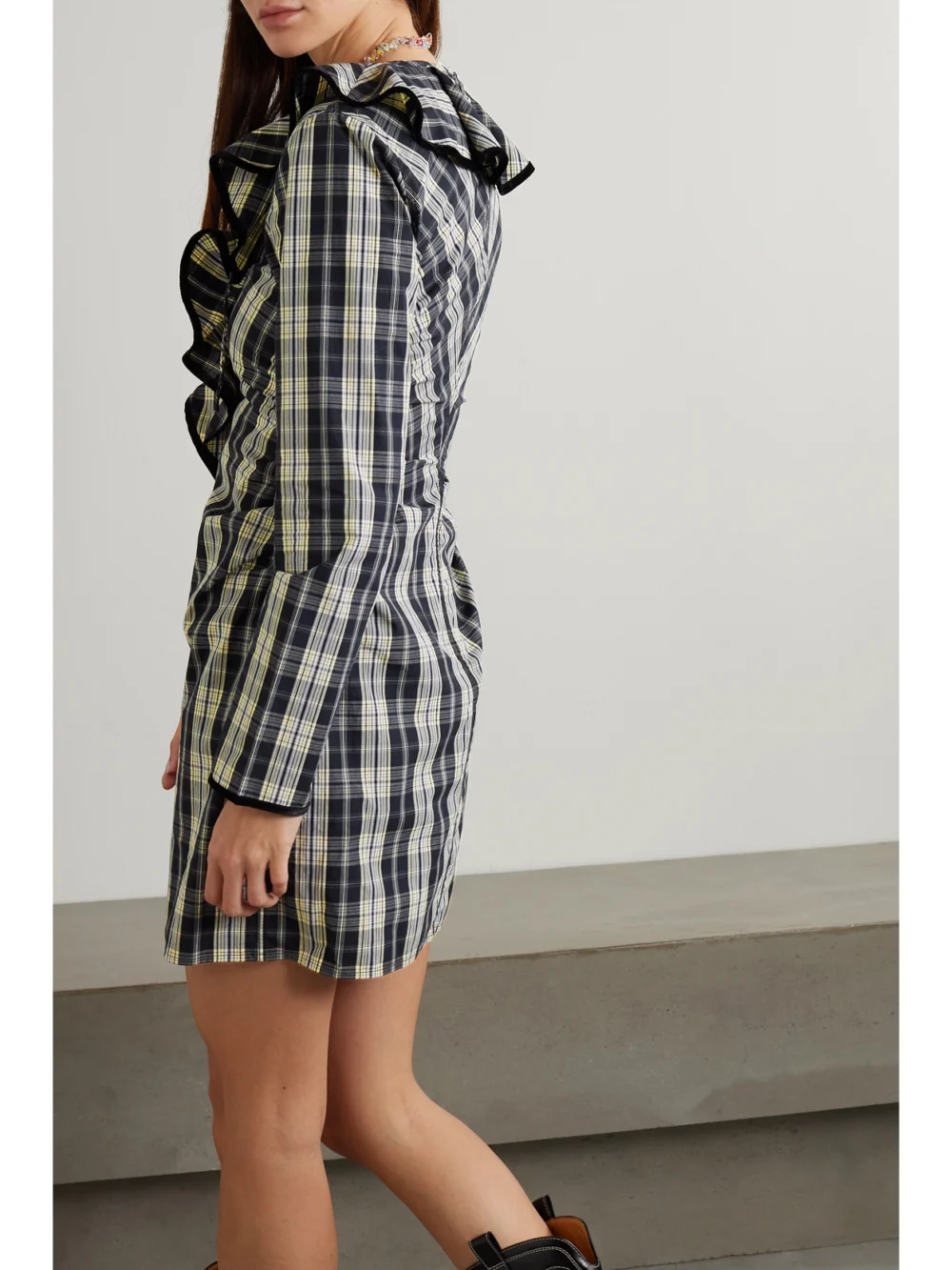 Back view of the Ganni Velvet-trimmed Ruffled Organic Cotton-poplin Mini Dress