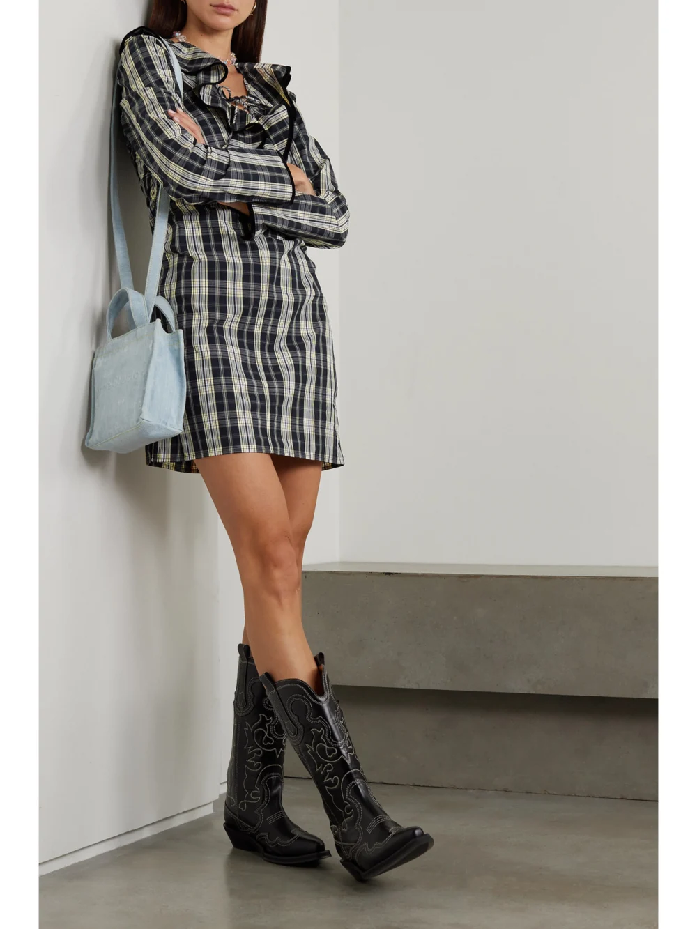 Ganni Velvet-trimmed Ruffled Organic Cotton-poplin Mini Dress, worn by a model