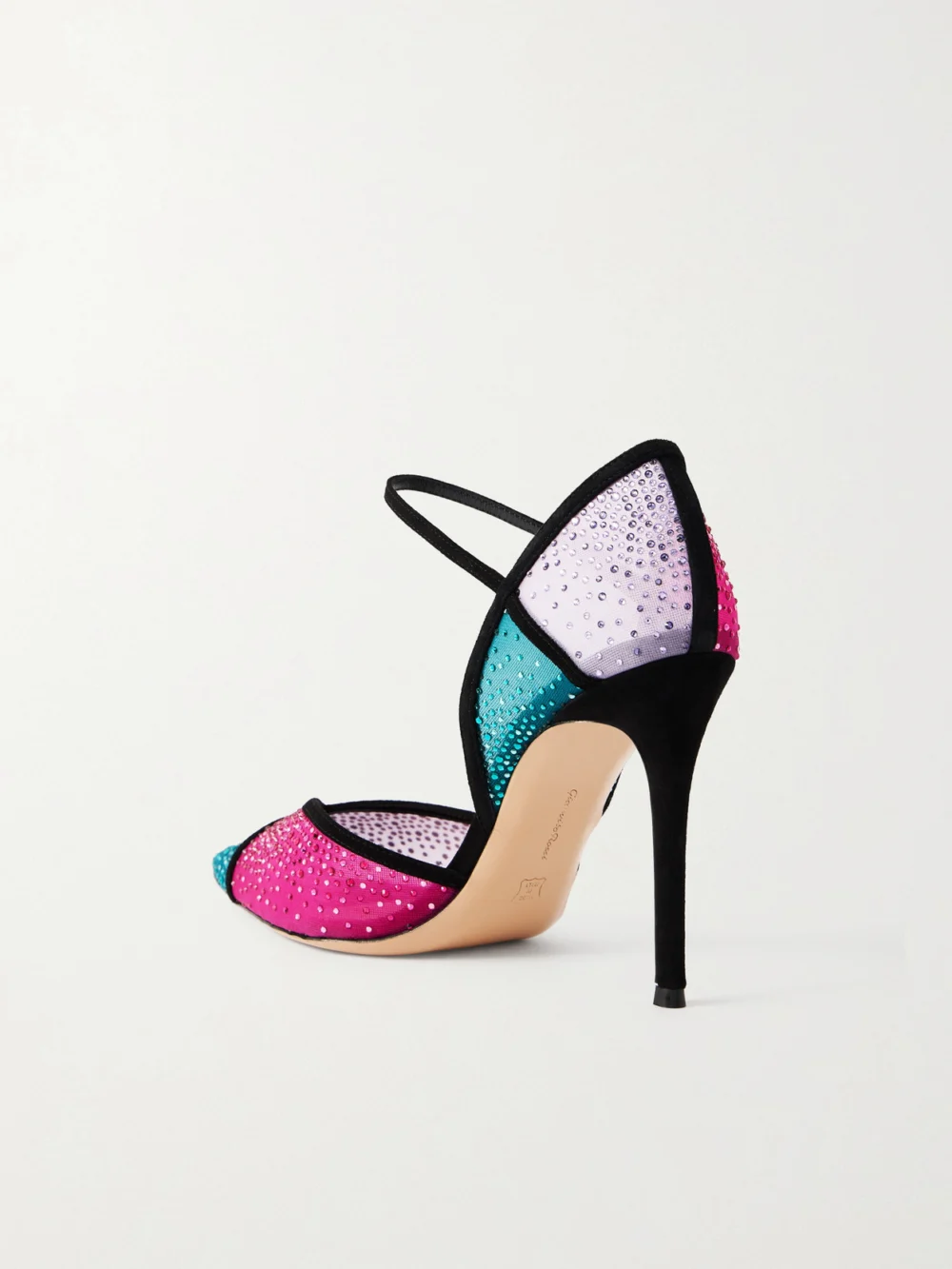 Back view of the Gianvito Rossi 95 Suede-trimmed Crystal-embellished Mesh Pumps