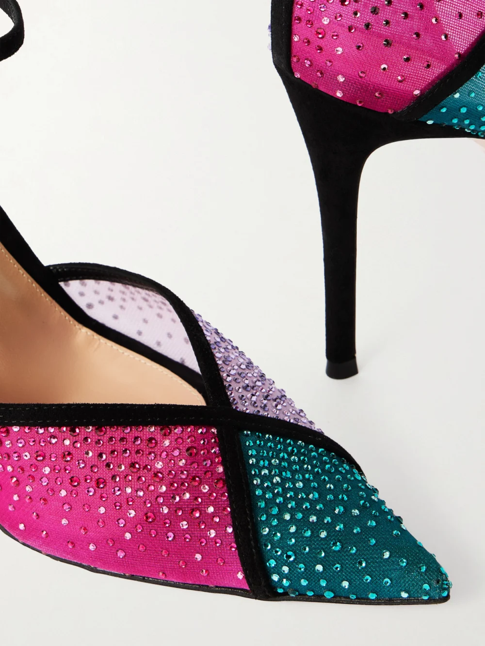 Close-up detail of the Gianvito Rossi 95 Suede-trimmed Crystal-embellished Mesh Pumps