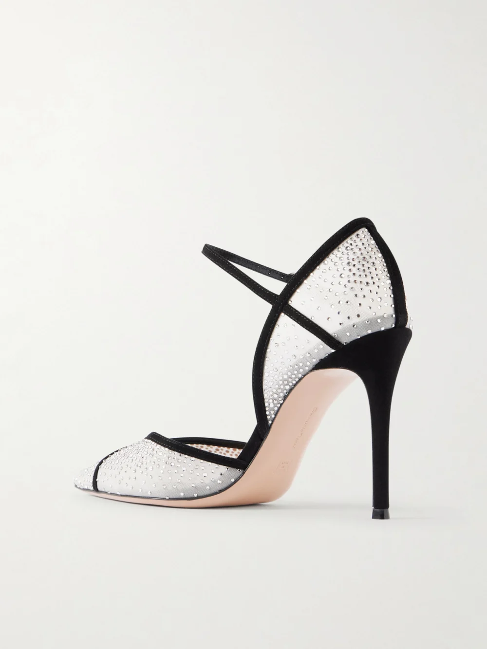 Back view of the Gianvito Rossi 95 Suede-trimmed Crystal-embellished Mesh Pumps