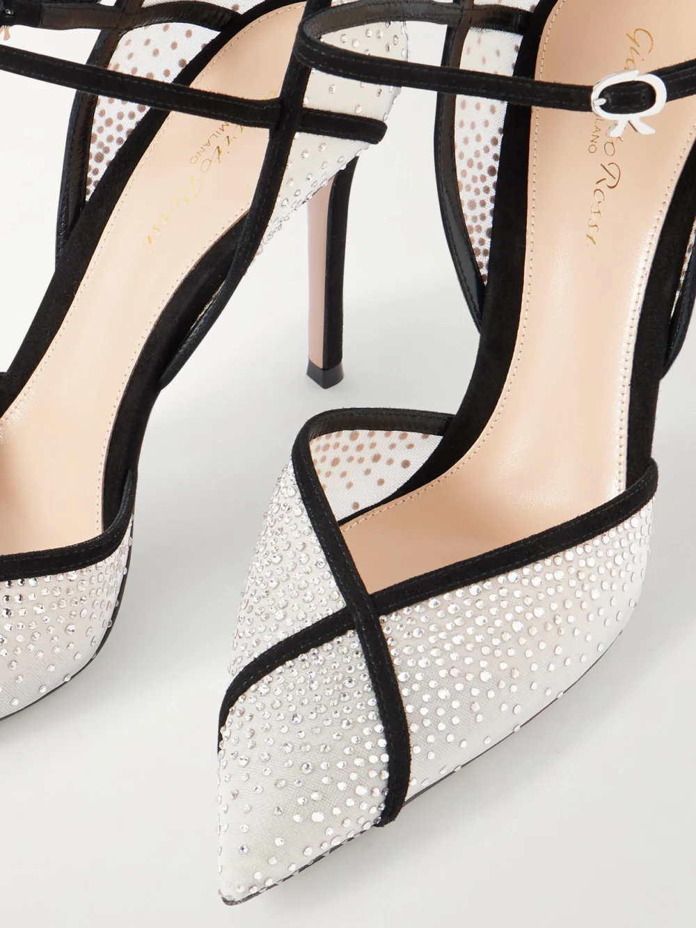 Close-up detail of the Gianvito Rossi 95 Suede-trimmed Crystal-embellished Mesh Pumps
