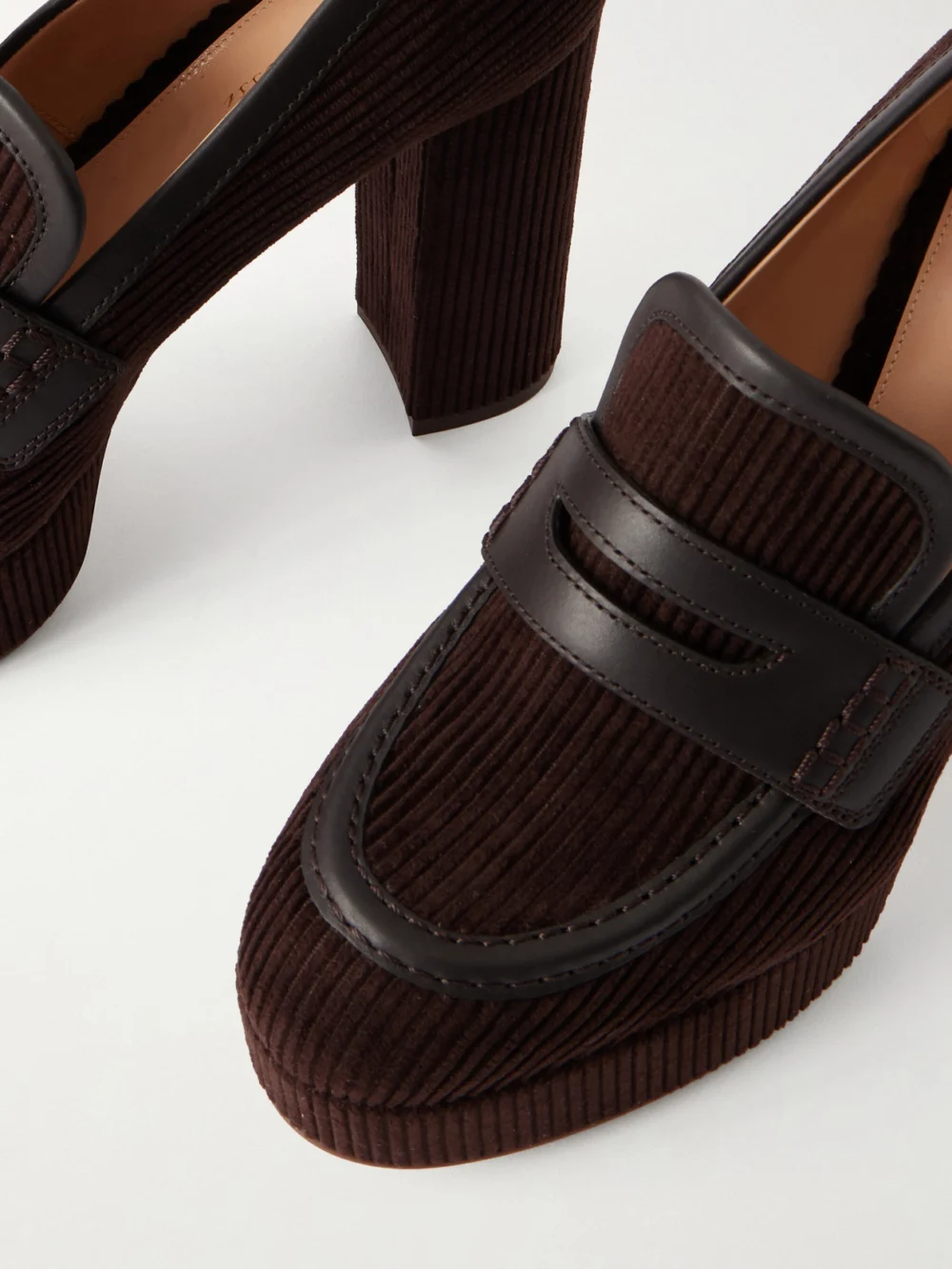 Close-up detail of the Gianvito Rossi Deauville 70 Leather-trimmed Corduroy Platform Pumps