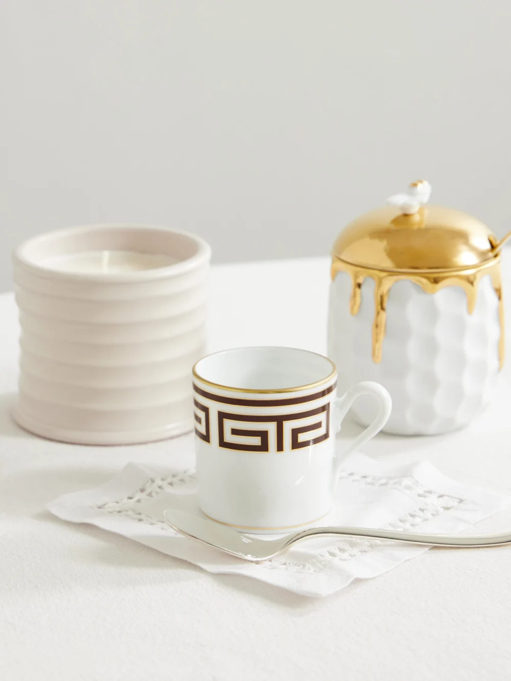 Ginori Labirinto Gold-plated Porcelain Coffee Cup, styled view