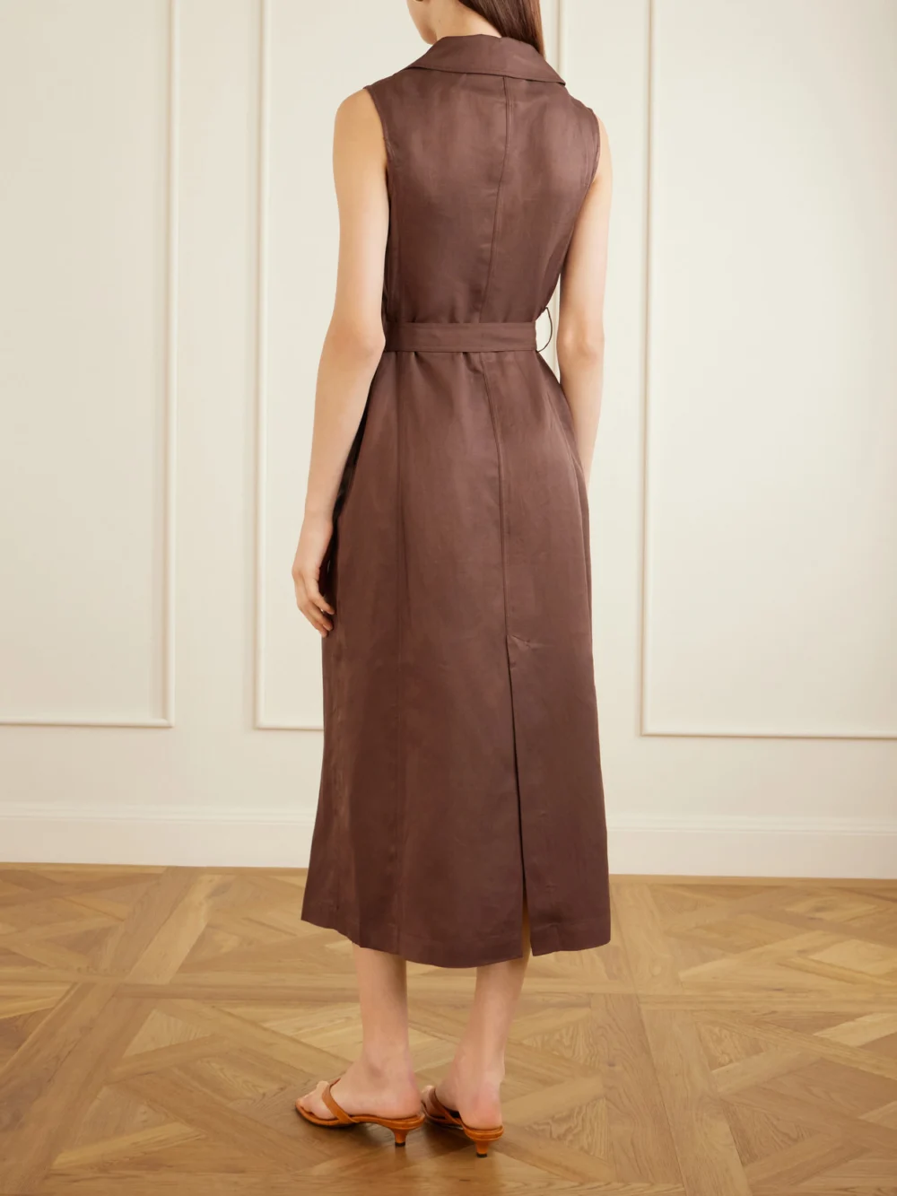 Back view of the Giuliva Heritage Mary Angel Belted Silk and Linen-blend Midi Dress