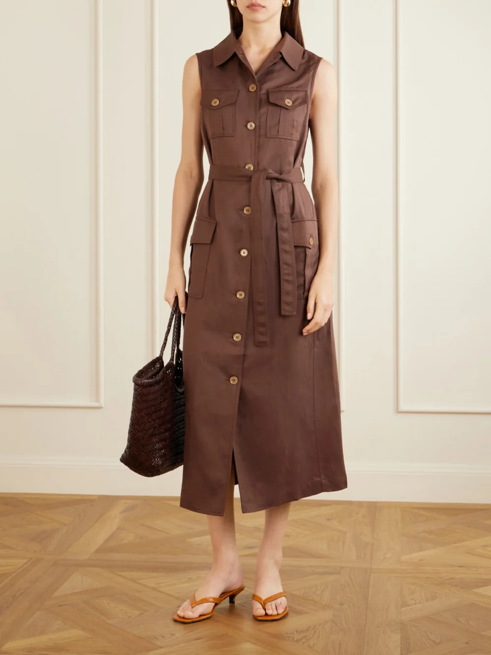 Giuliva Heritage Mary Angel Belted Silk and Linen-blend Midi Dress, worn by a model