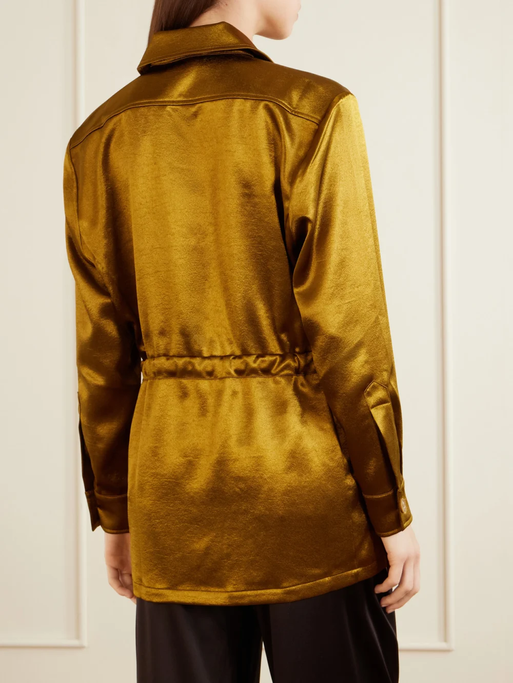 Back view of the Giuliva Heritage Tessa Drawstring Satin Jacket
