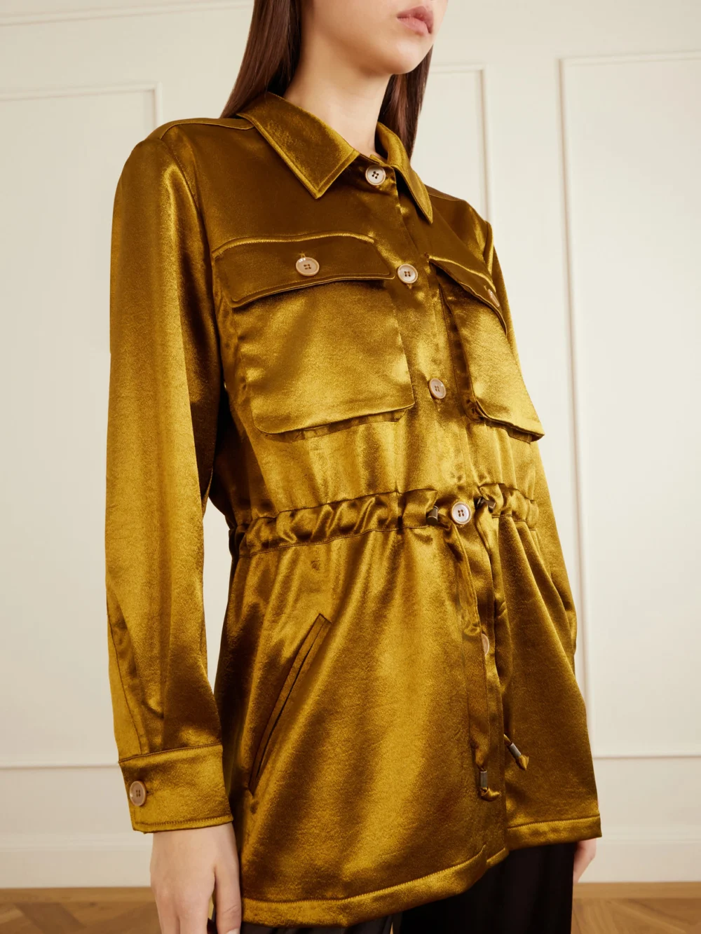Close-up detail of the Giuliva Heritage Tessa Drawstring Satin Jacket