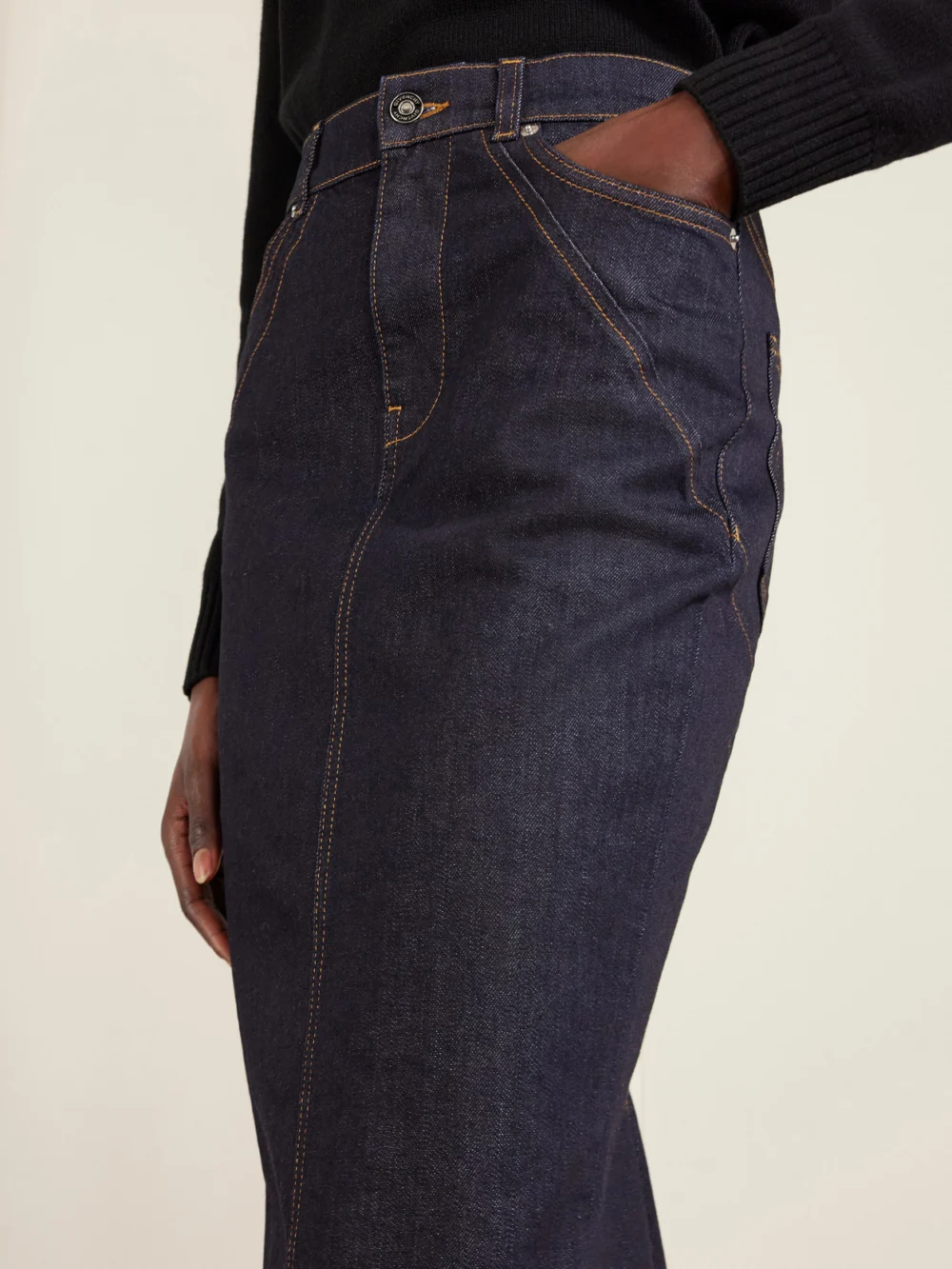 Close-up detail of the Givenchy Paneled Denim Midi Skirt