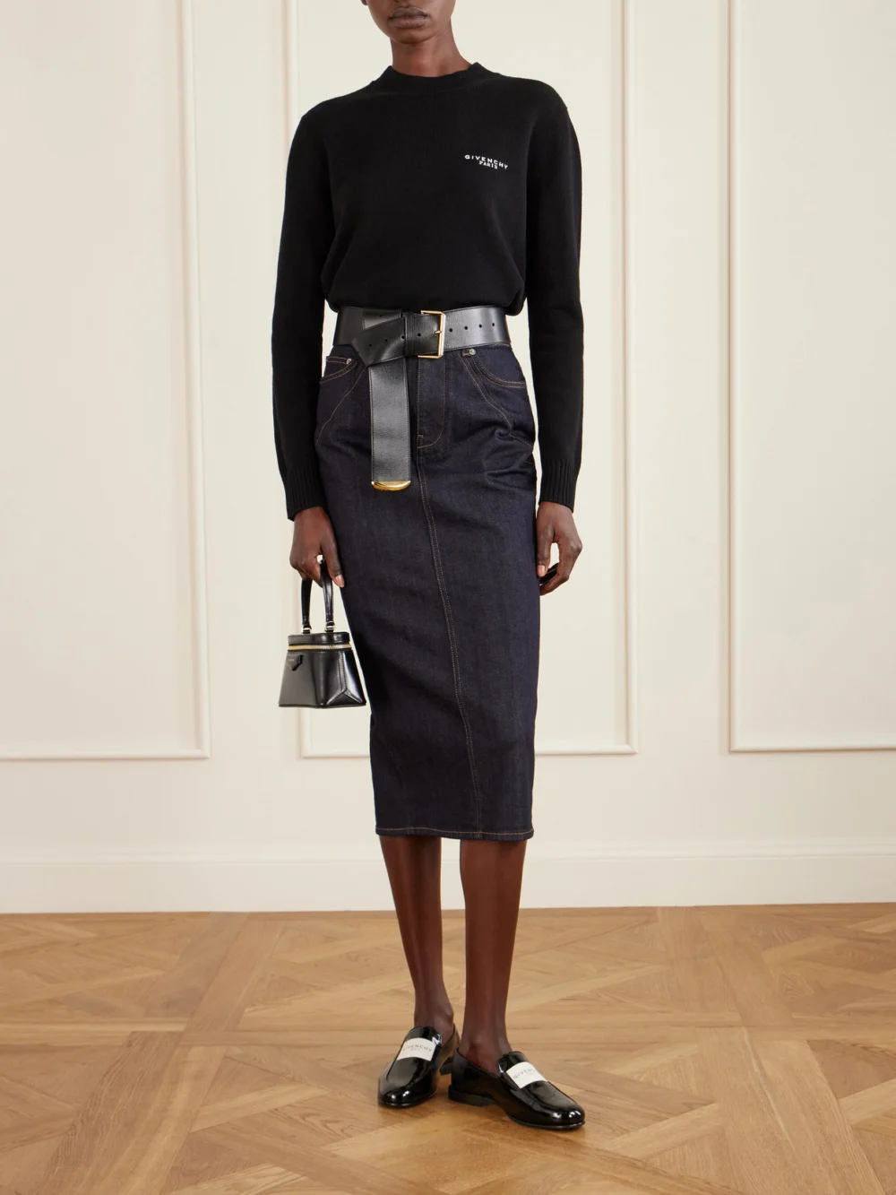Givenchy Paneled Denim Midi Skirt, worn by a model