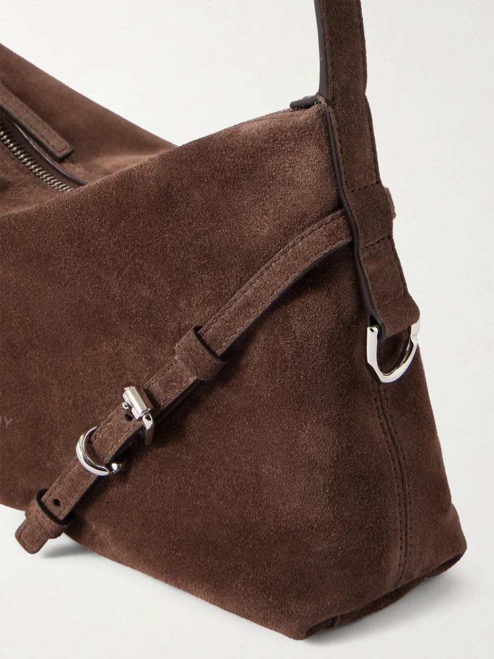 Close-up detail of the Givenchy Voyou Suede Shoulder Bag