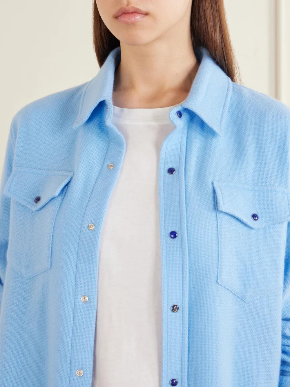 Close-up detail of the God’s True Cashmere Blue Lagoon Cashmere Shirt