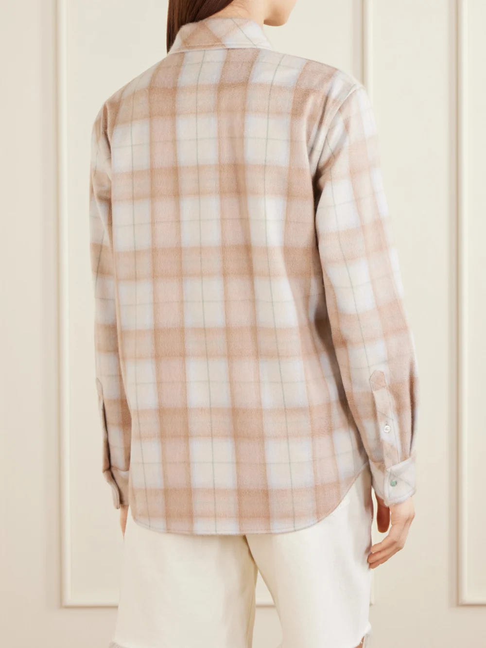 Back view of the God’s True Cashmere Champagne Tartan Cashmere Shirt