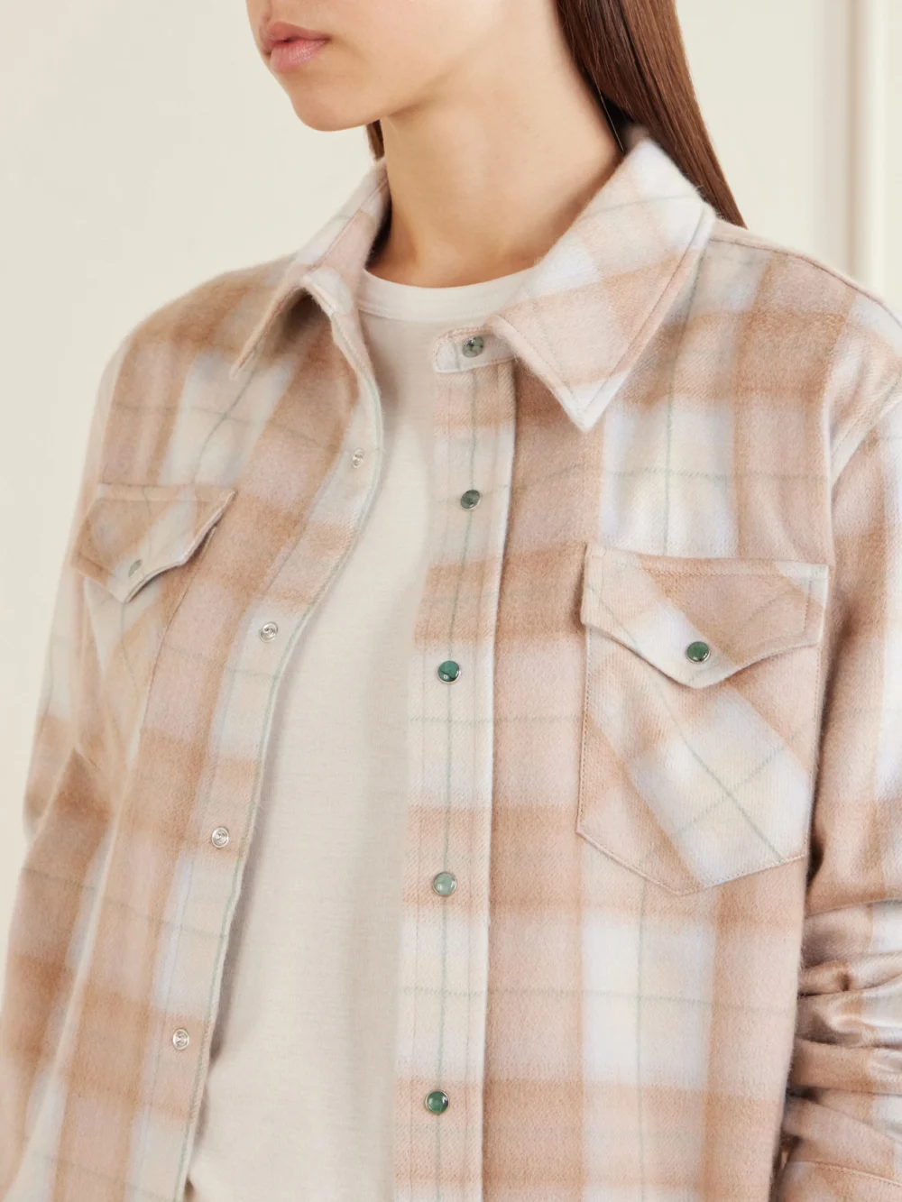 Close-up detail of the God’s True Cashmere Champagne Tartan Cashmere Shirt