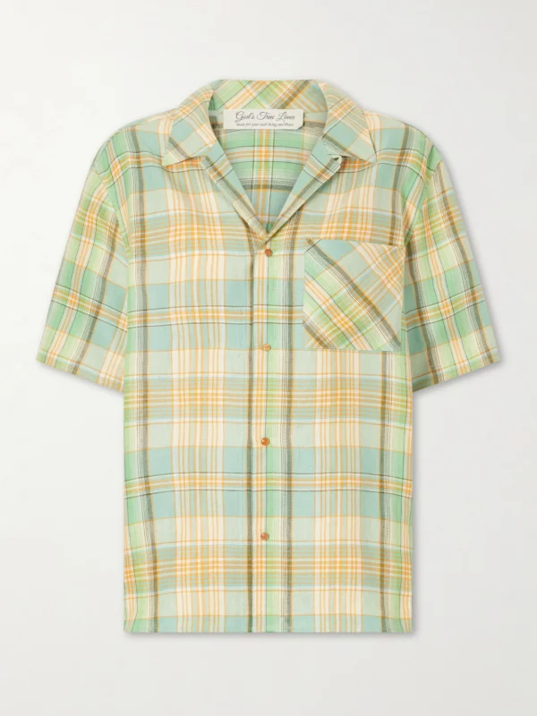 God’s True Cashmere Lime Moss Checked Linen Shirt