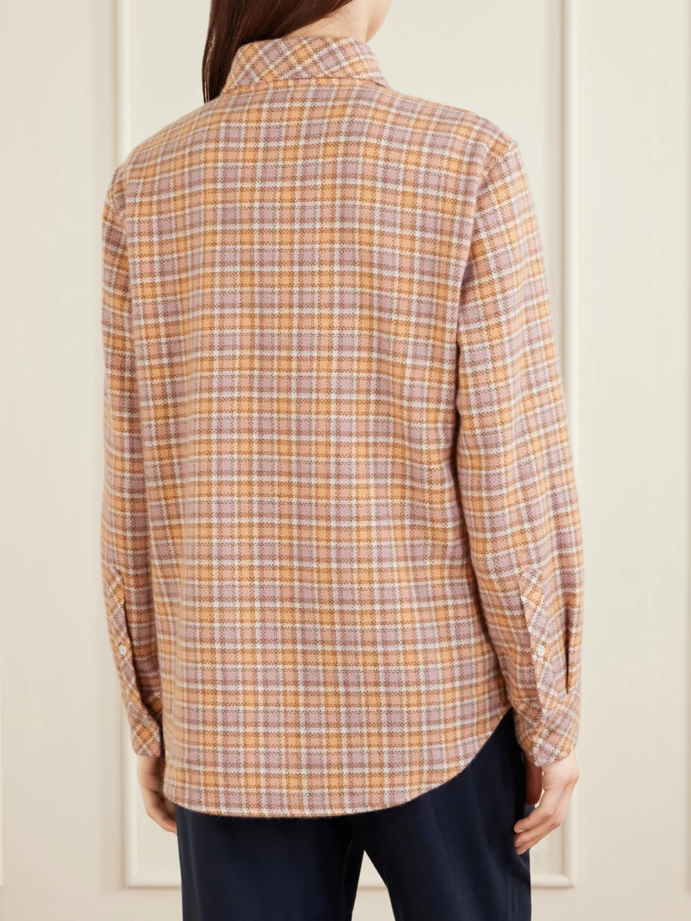 Back view of the God’s True Cashmere Midnight Rose Checked Cashmere Shirt