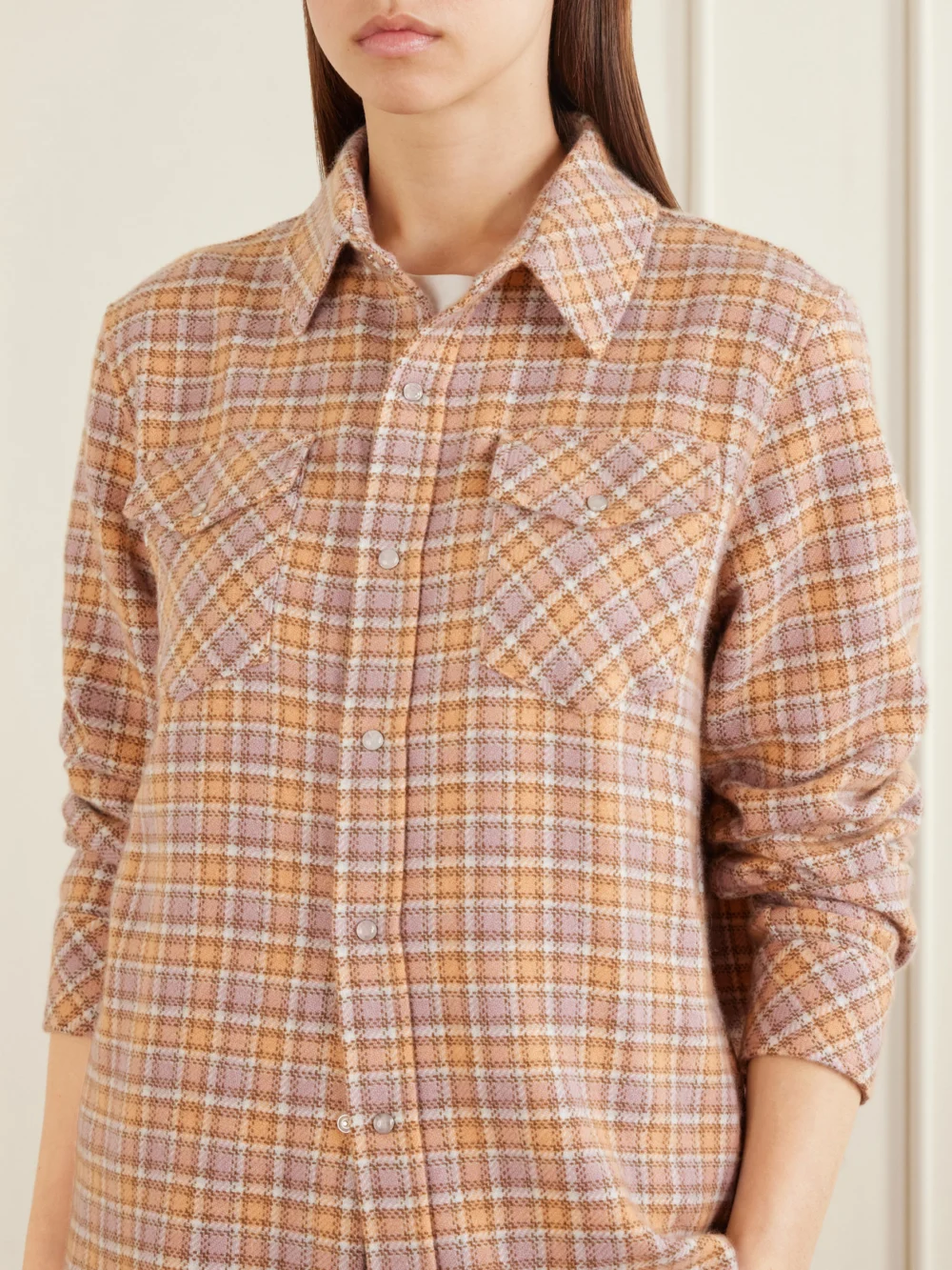 Close-up detail of the God’s True Cashmere Midnight Rose Checked Cashmere Shirt