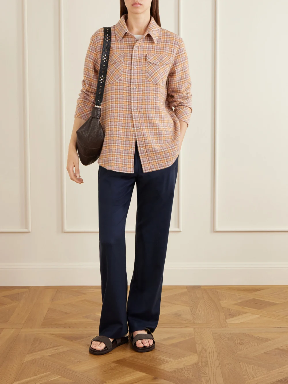 God’s True Cashmere Midnight Rose Checked Cashmere Shirt, worn by a model