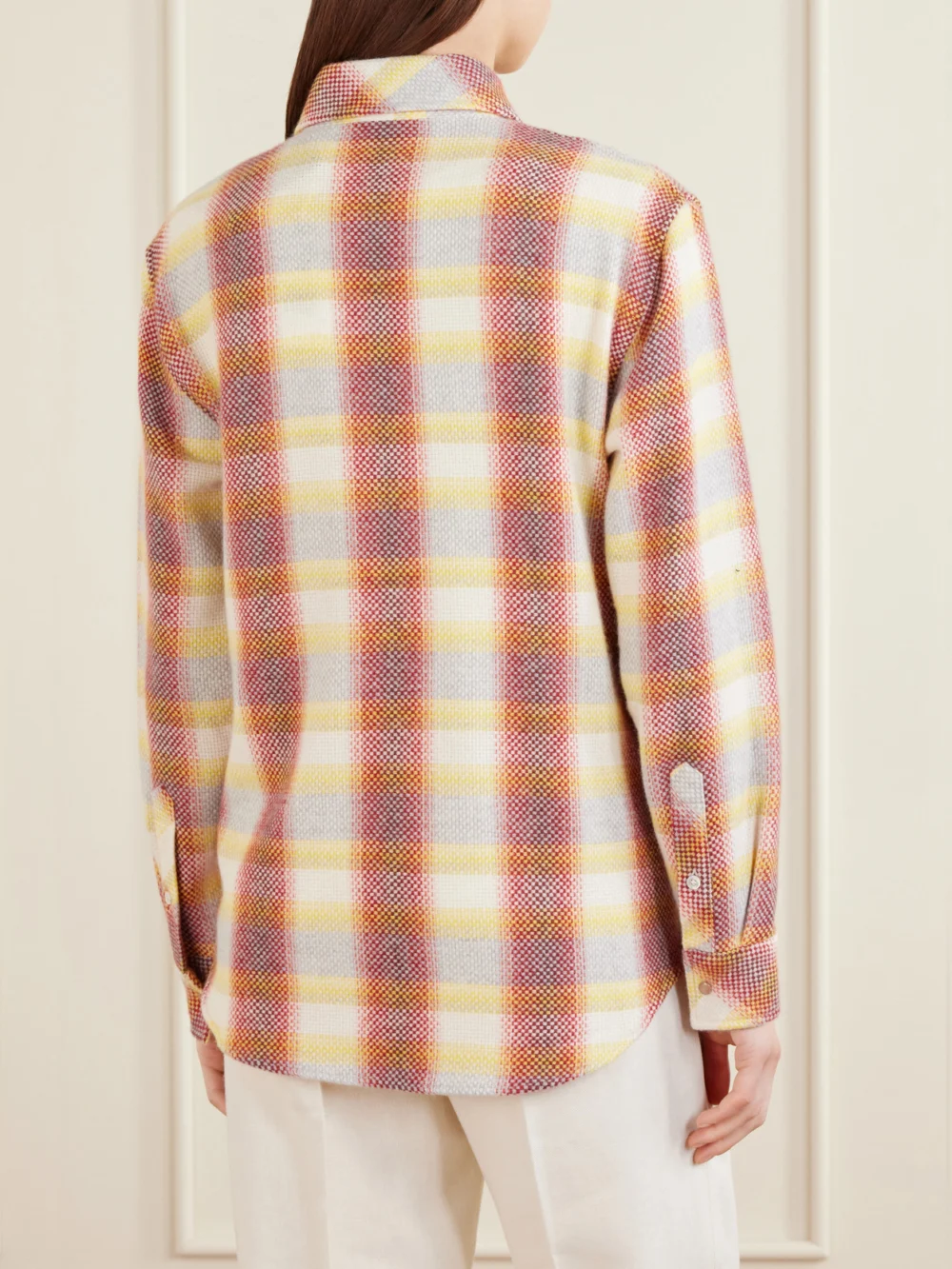 Back view of the God’s True Cashmere Rose Blume Checked Cashmere Shirt
