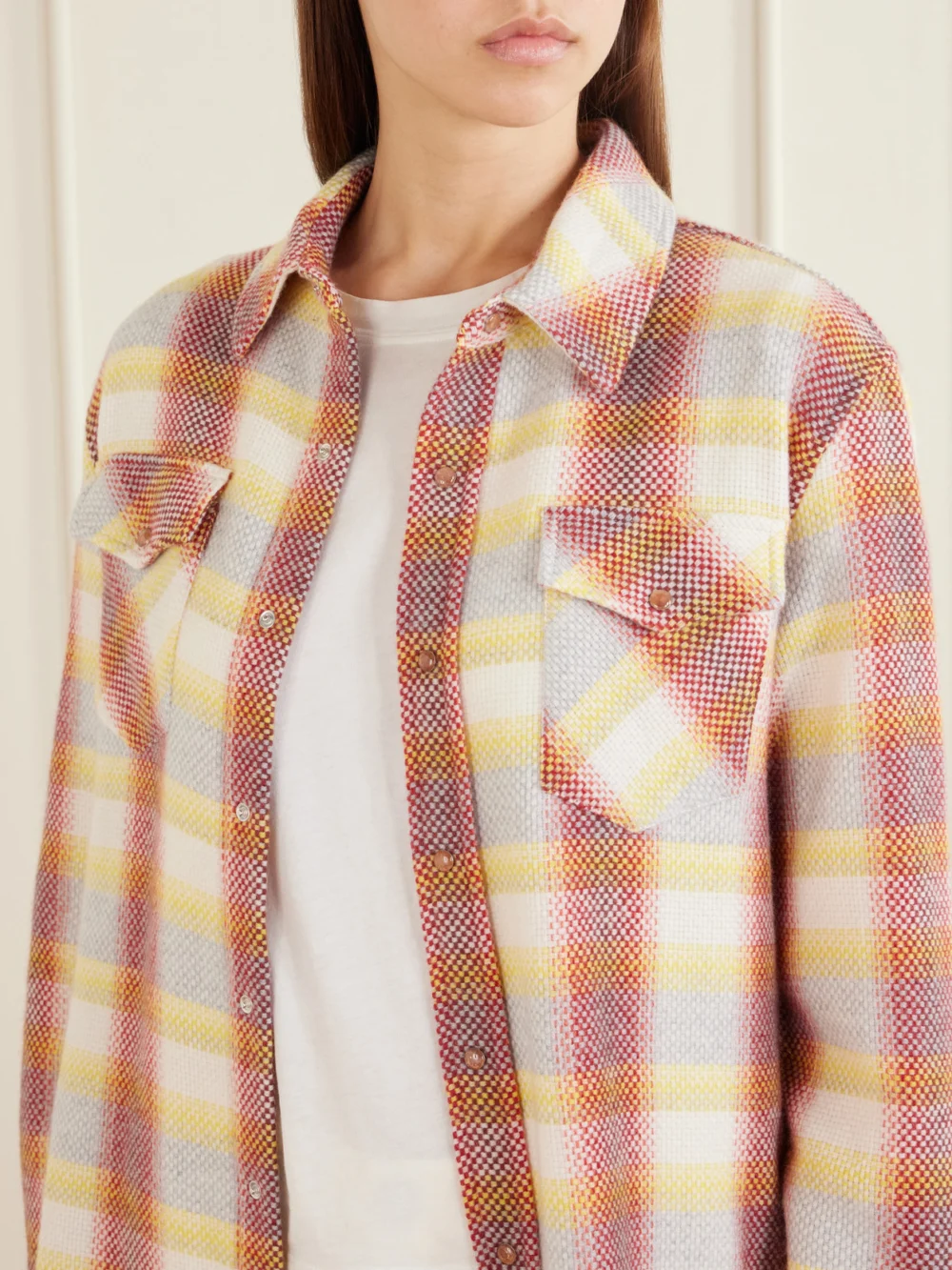 Close-up detail of the God’s True Cashmere Rose Blume Checked Cashmere Shirt