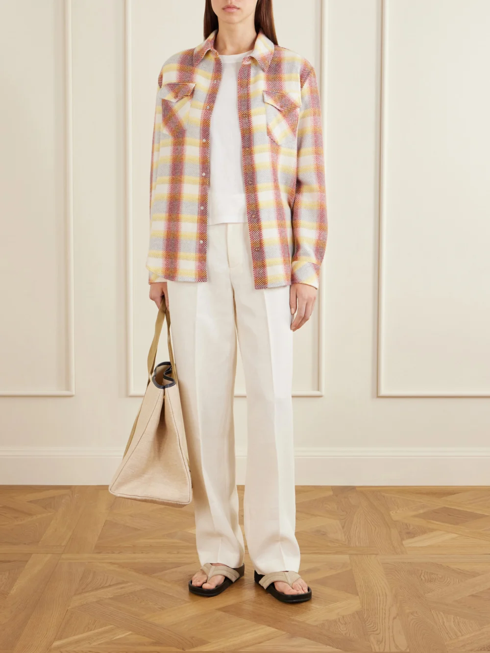 God’s True Cashmere Rose Blume Checked Cashmere Shirt, worn by a model