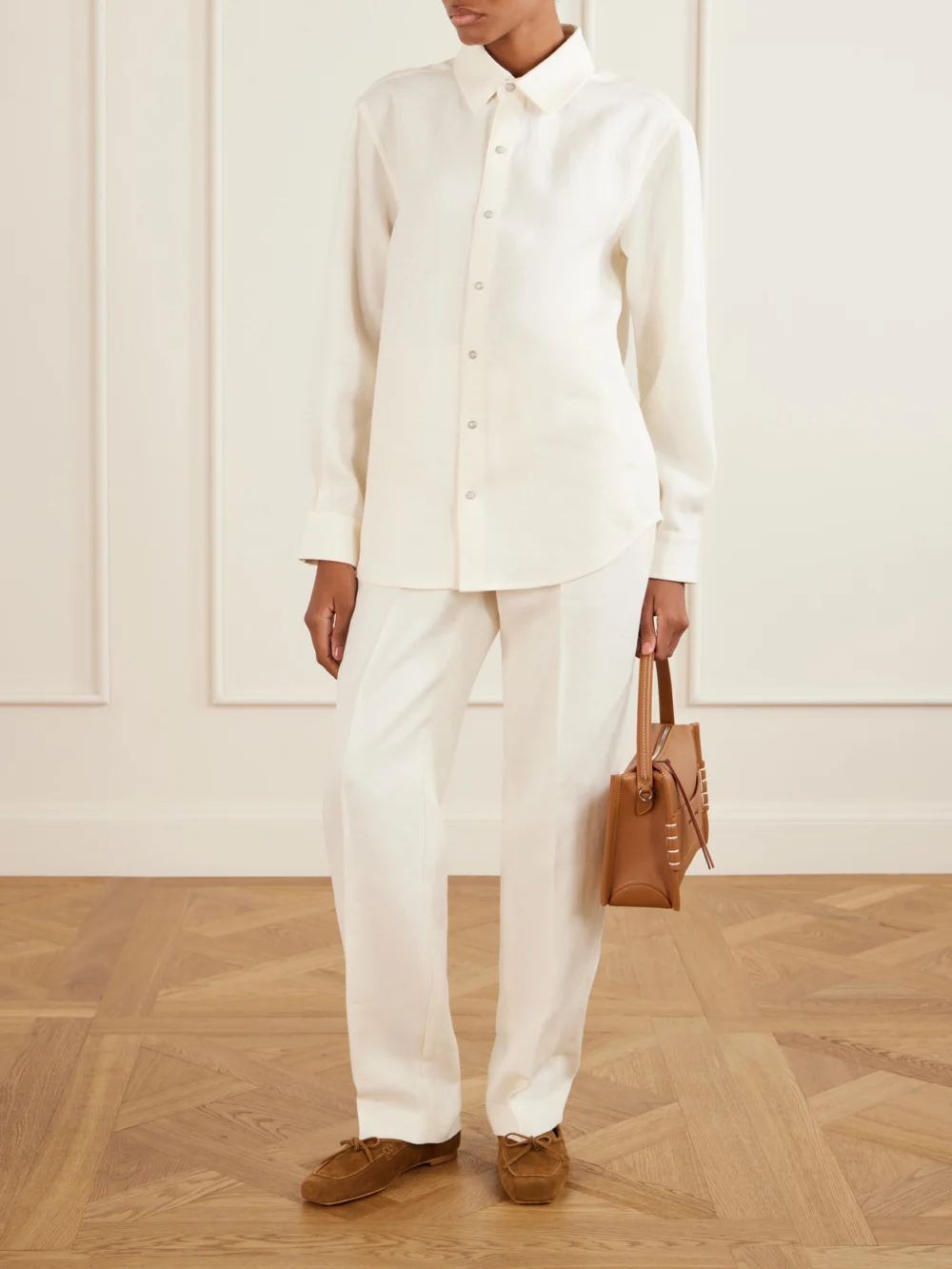 God’s True Cashmere Solid Linen Straight-leg Pants, worn by a model