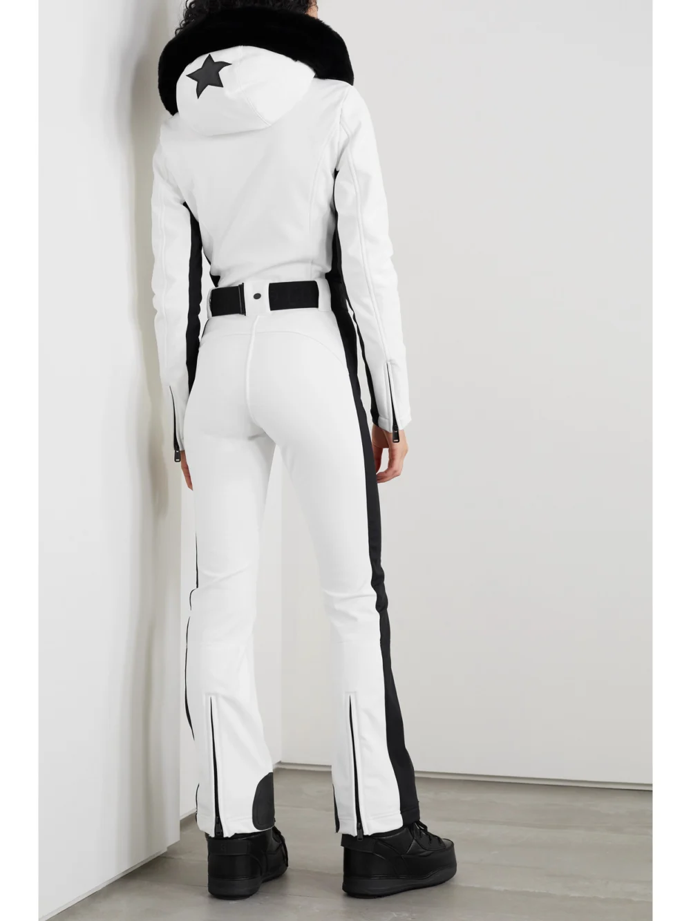 Back view of the Goldbergh Parry Belted Hooded Plush-trimmed Ski Suit