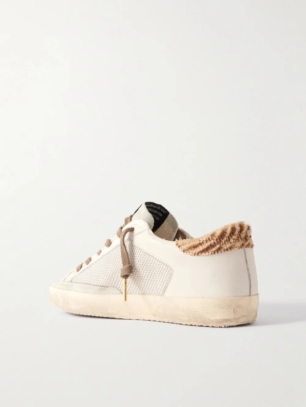 Back view of the Golden Goose Super-star Calf Hair and Suede-trimmed Mesh and Distressed Leather Sneakers