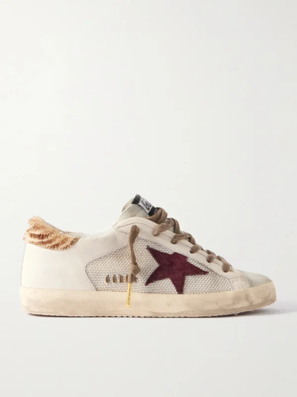 Golden Goose Super-star Calf Hair and Suede-trimmed Mesh and Distressed Leather Sneakers
