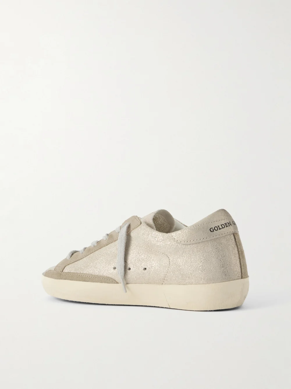 Back view of the Golden Goose Super-star Distressed Glittered Suede Sneakers