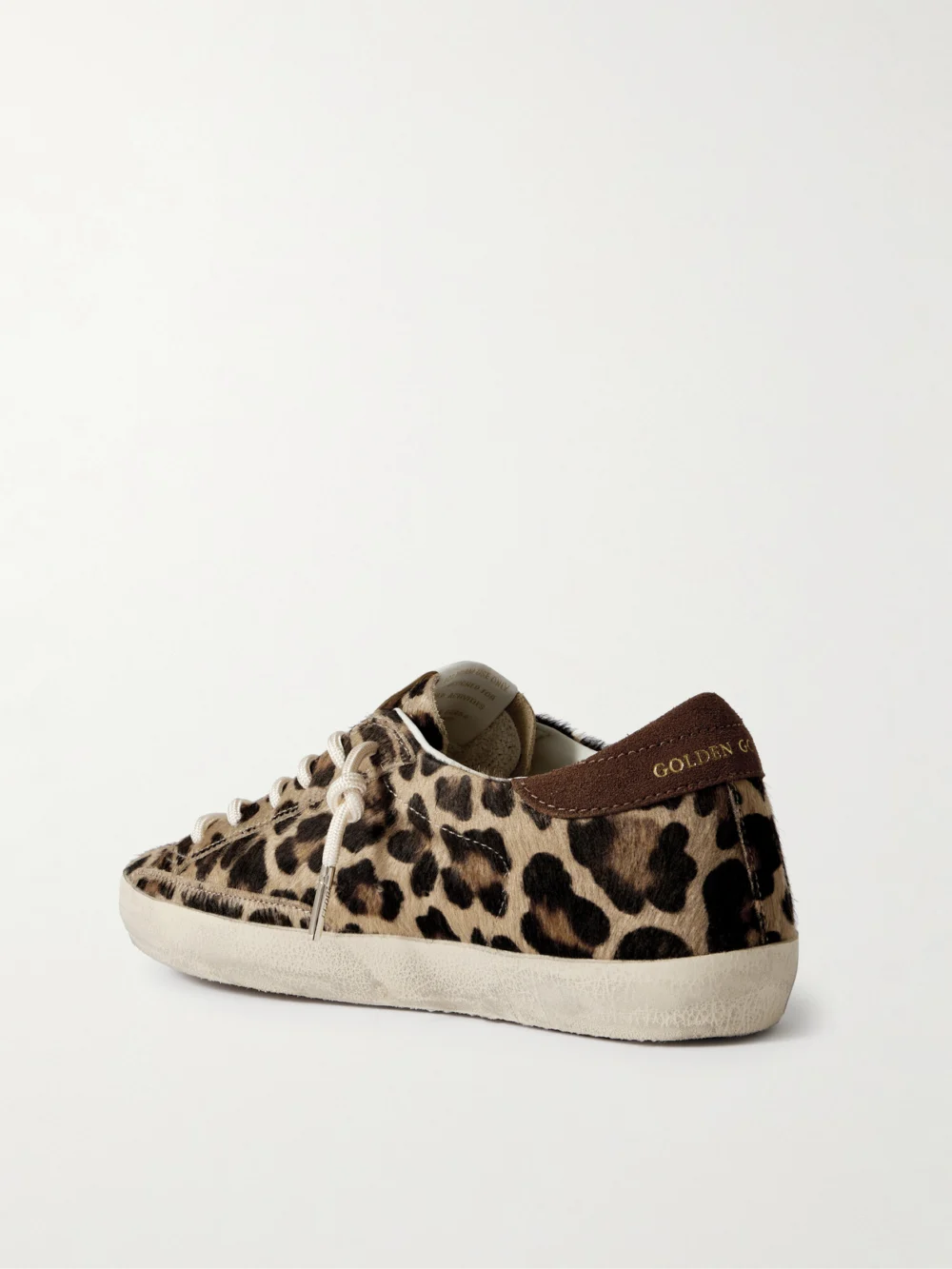 Back view of the Golden Goose Super-star Distressed Leather and Suede-trimmed Leopard-print Calf Hair Sneakers