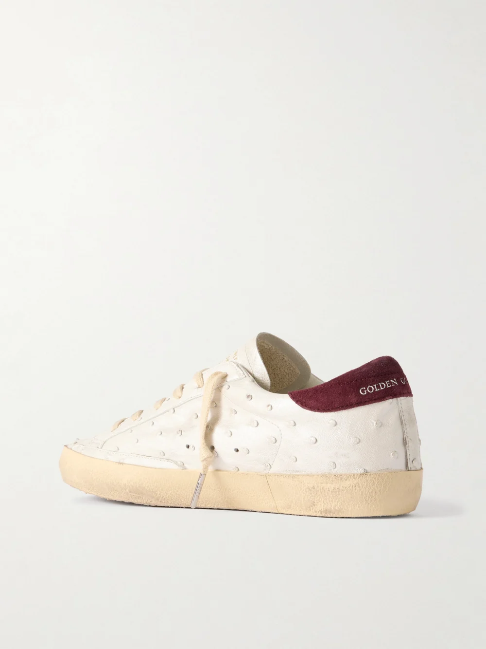 Back view of the Golden Goose Super-star Distressed Ostrich and Suede Sneakers