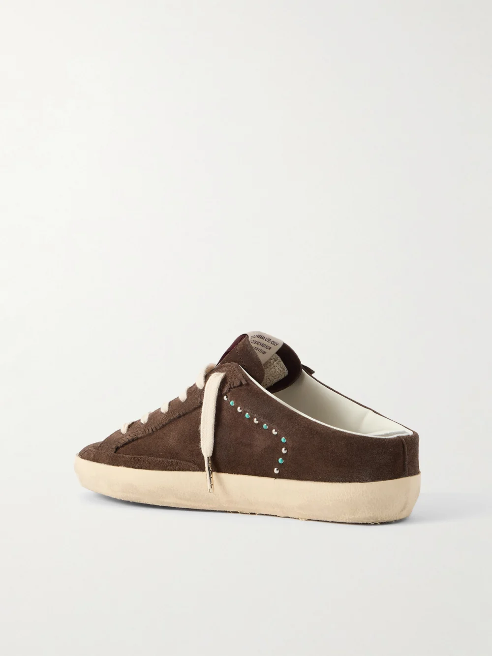 Back view of the Golden Goose Super-star Sabot Distressed Leather-trimmed Studded Suede Slip-on Sneakers