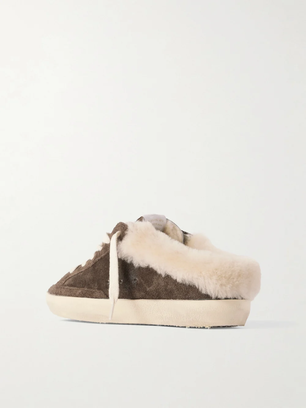 Back view of the Golden Goose Super-star Sabot Shearling-lined Calf Hair-trimmed Distressed Suede Slip-on Sneakers