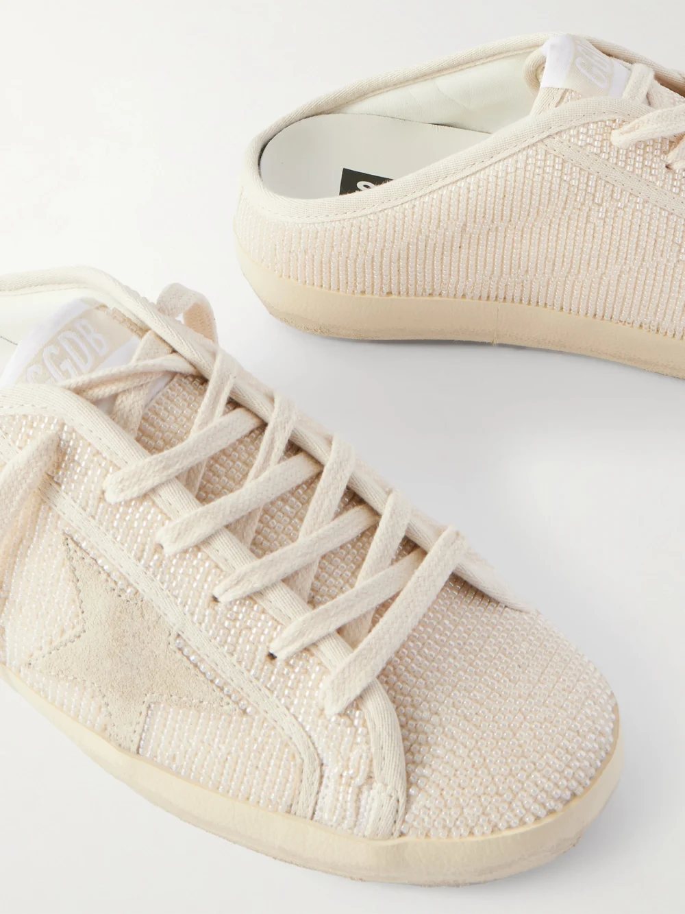 Close-up detail of the Golden Goose Super-star Sabot Suede-trimmed Bead-embellished Canvas Slip-on Sneakers