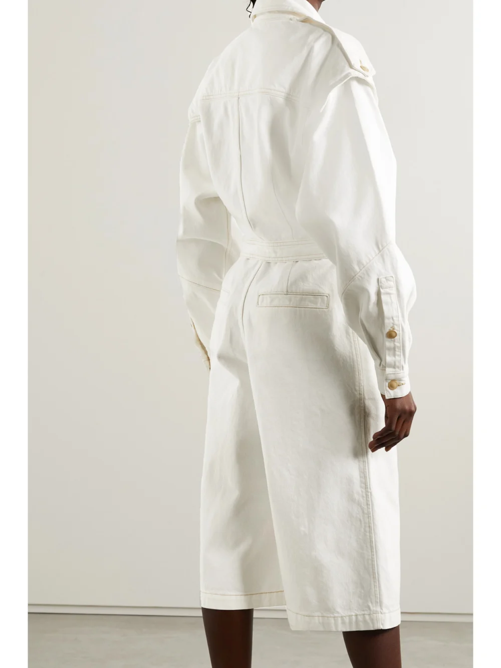 Back view of the Goldsign The Cullotte Cropped Denim Jumpsuit