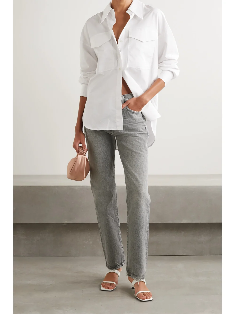 Goldsign The Walcott Distressed Straight-leg Organic Jeans, worn by a model