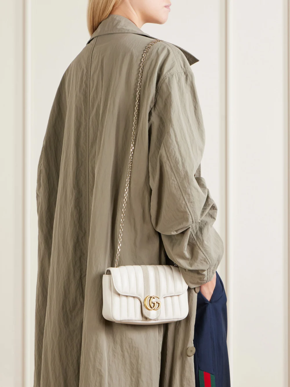 Gucci Gg Marmont Jetset Suede-trimmed Quilted Leather Crossbody Bag, styled view