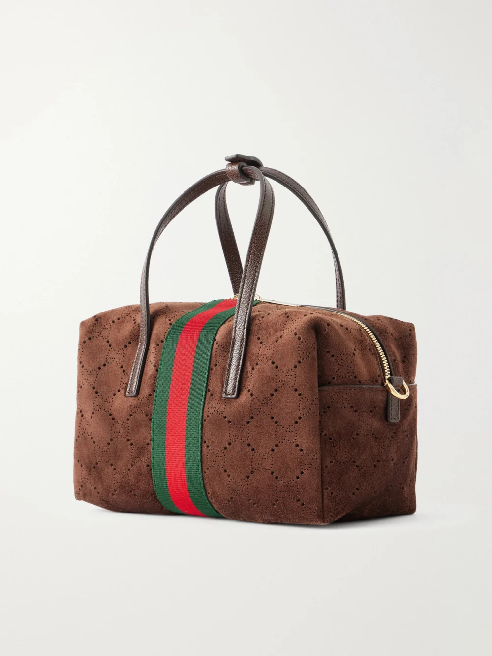 Back view of the Gucci Gucci Essence Web and Leather-trimmed Perforated Suede Shoulder Bag
