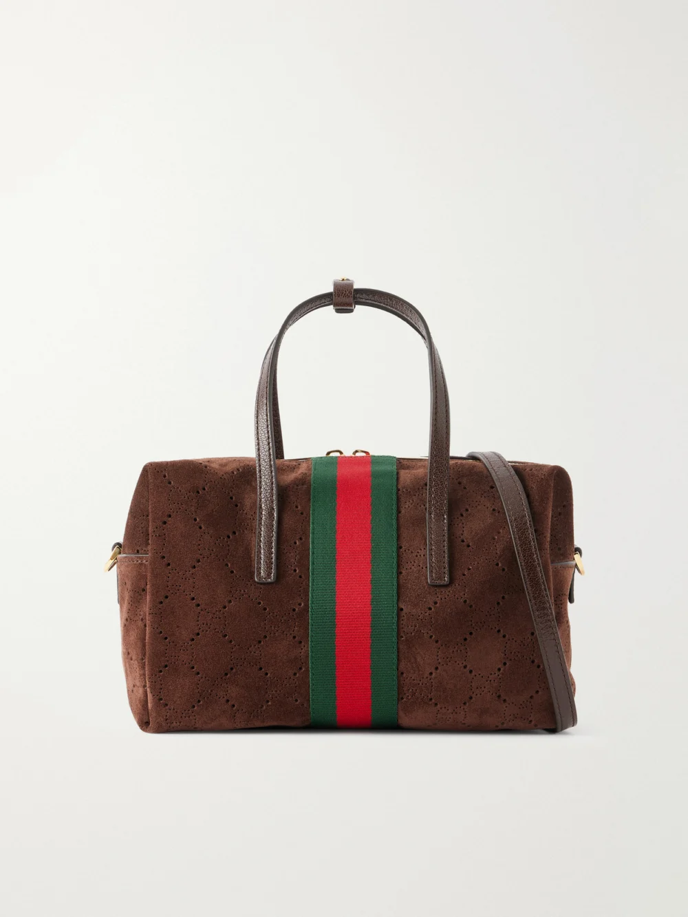 Gucci Gucci Essence Web and Leather-trimmed Perforated Suede Shoulder Bag in brown