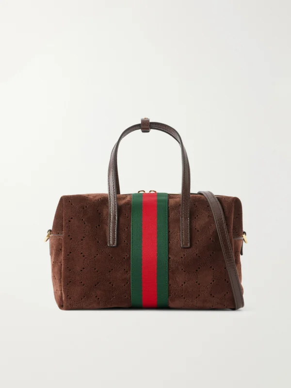 Gucci Gucci Essence Web and Leather-trimmed Perforated Suede Shoulder Bag