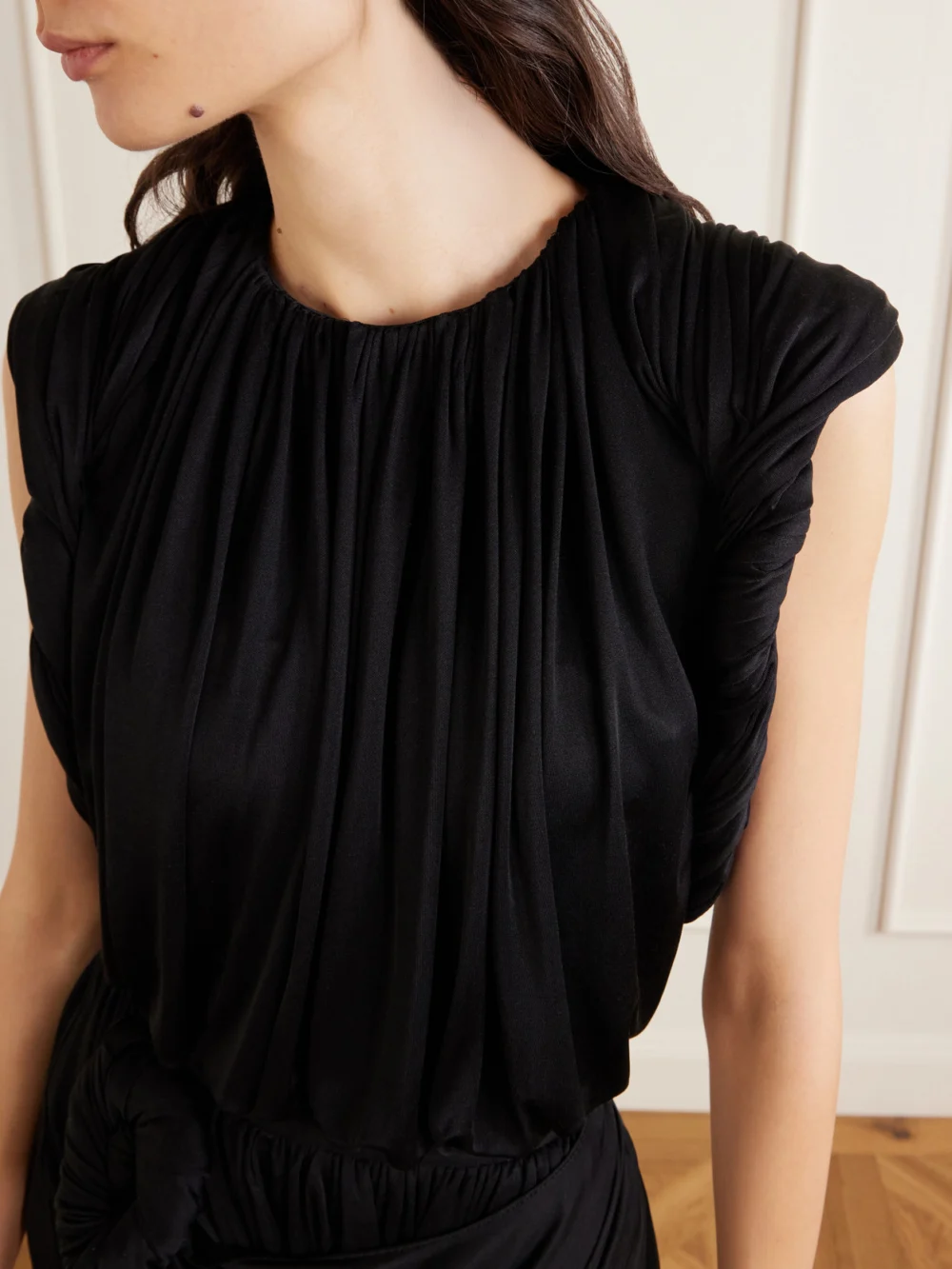 Close-up detail of the Heirlome Effie Gathered Silk-jersey Tank
