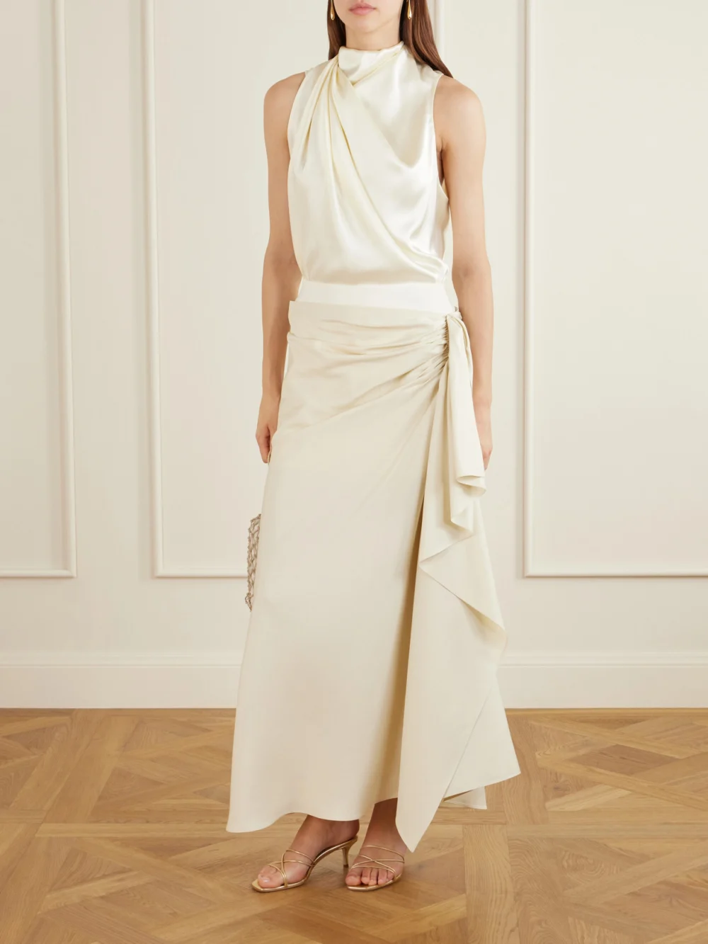 Heirlome Liliana Gathered Silk-twill Midi Skirt, worn by a model