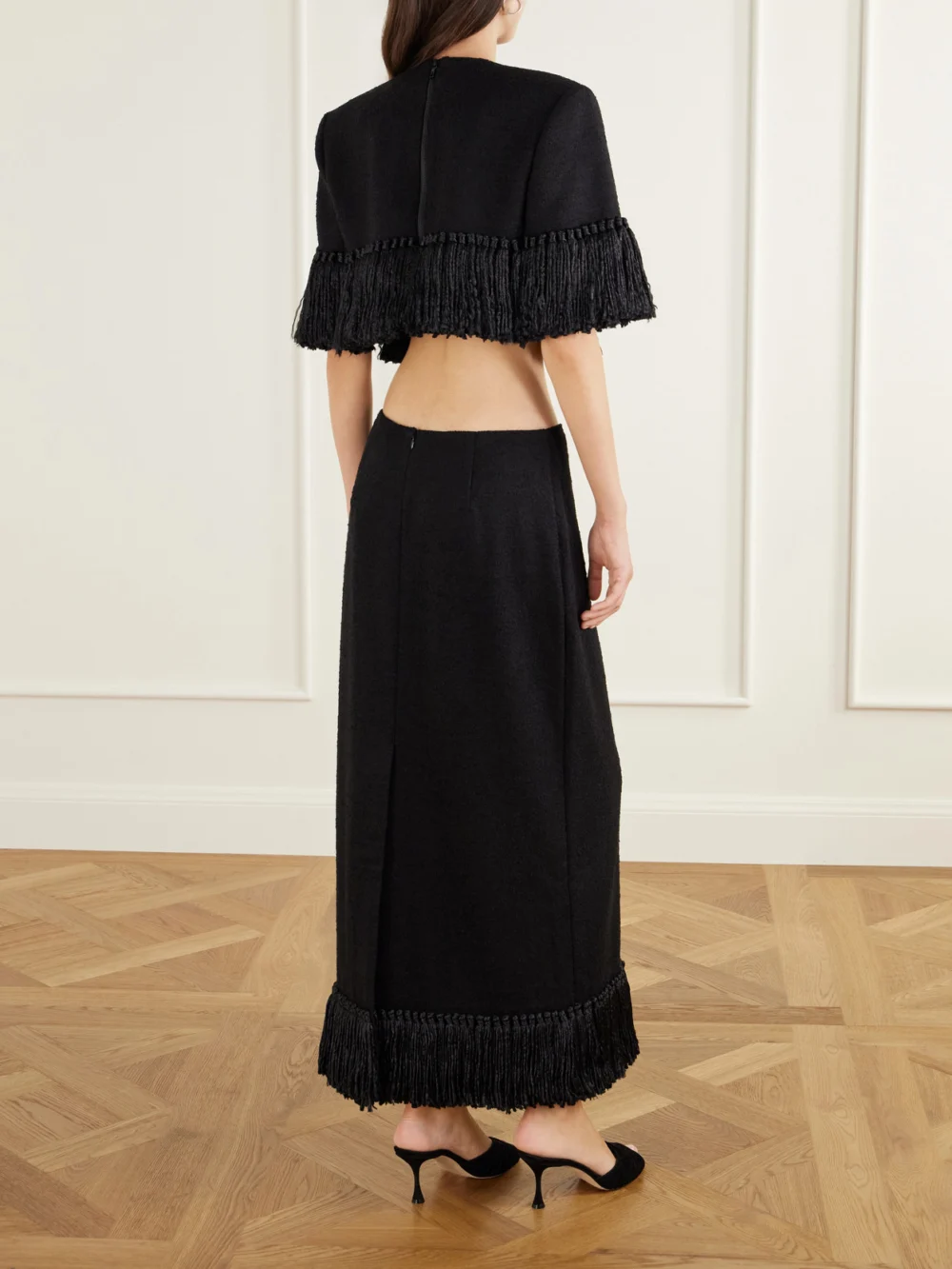 Back view of the Heirlome Matilde Bouclé Fringed Wool-blend Blouse
