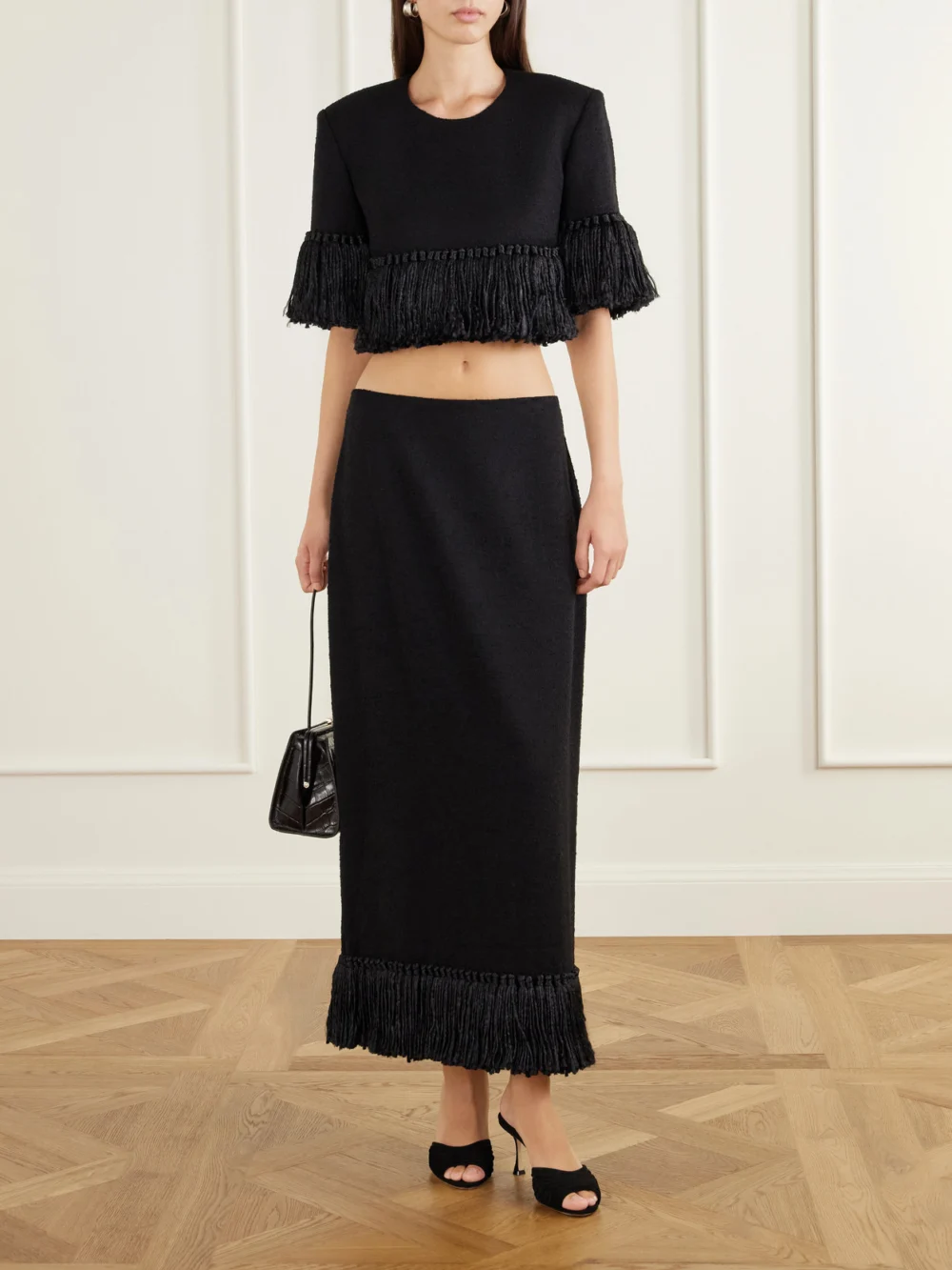 Heirlome Matilde Bouclé Fringed Wool-blend Blouse, worn by a model