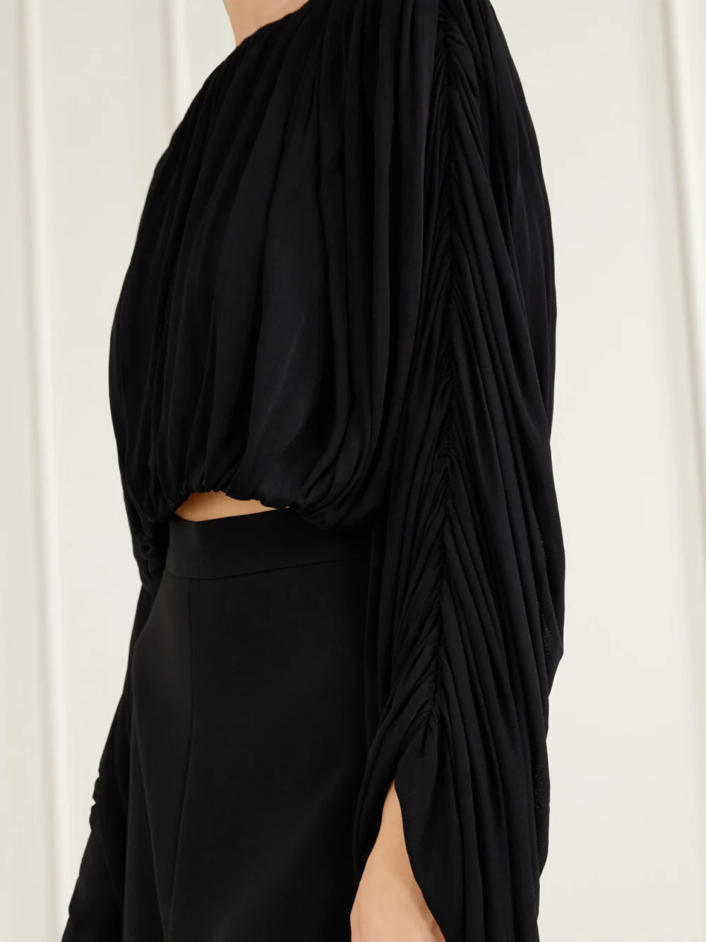 Close-up detail of the Heirlome Micka Jersey Draped Blouse