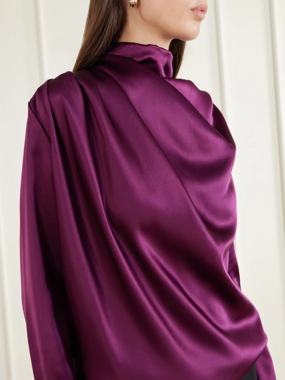 Close-up detail of the Heirlome Sybil Draped Silk-satin Blouse