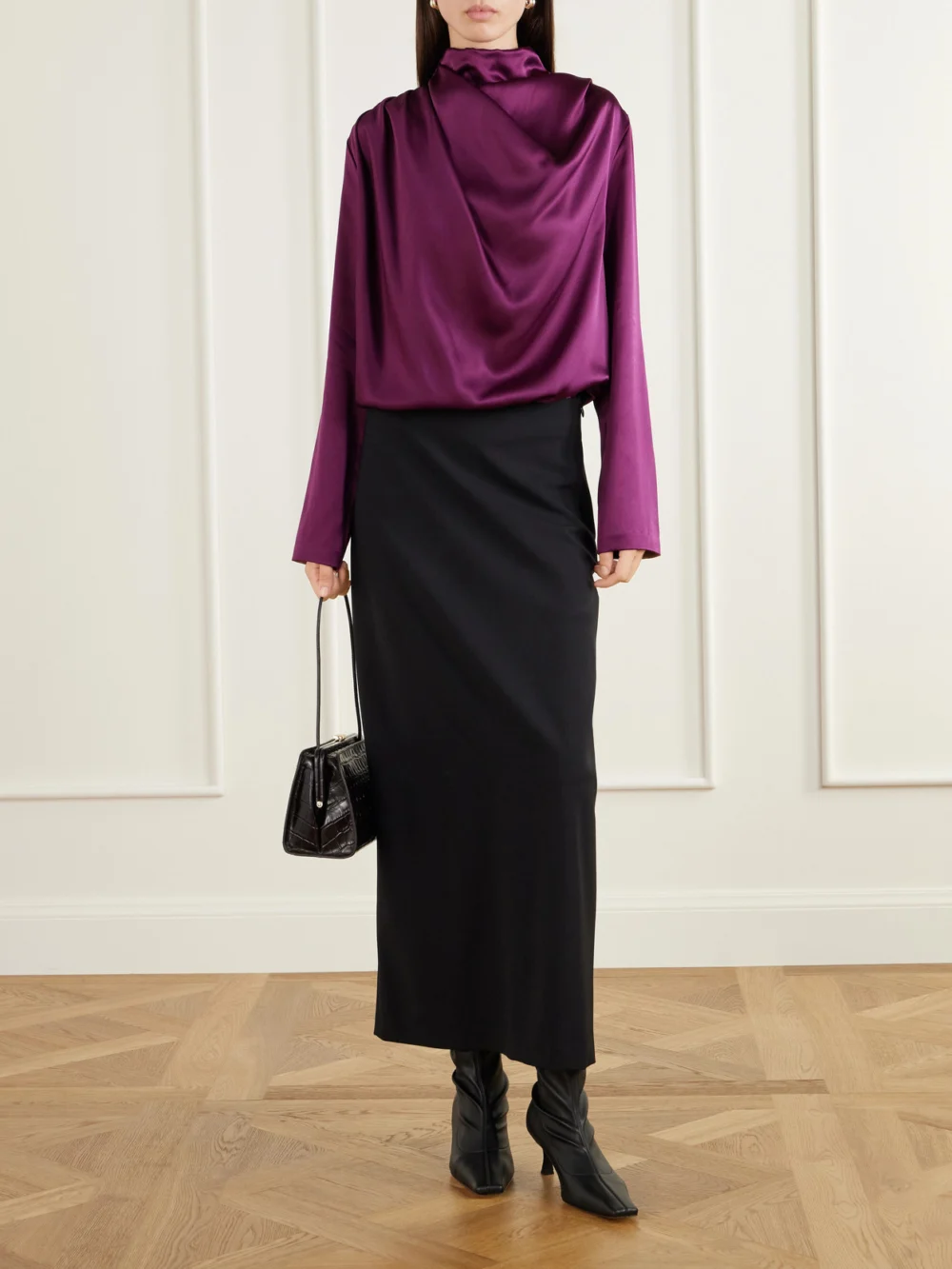 Heirlome Sybil Draped Silk-satin Blouse, worn by a model